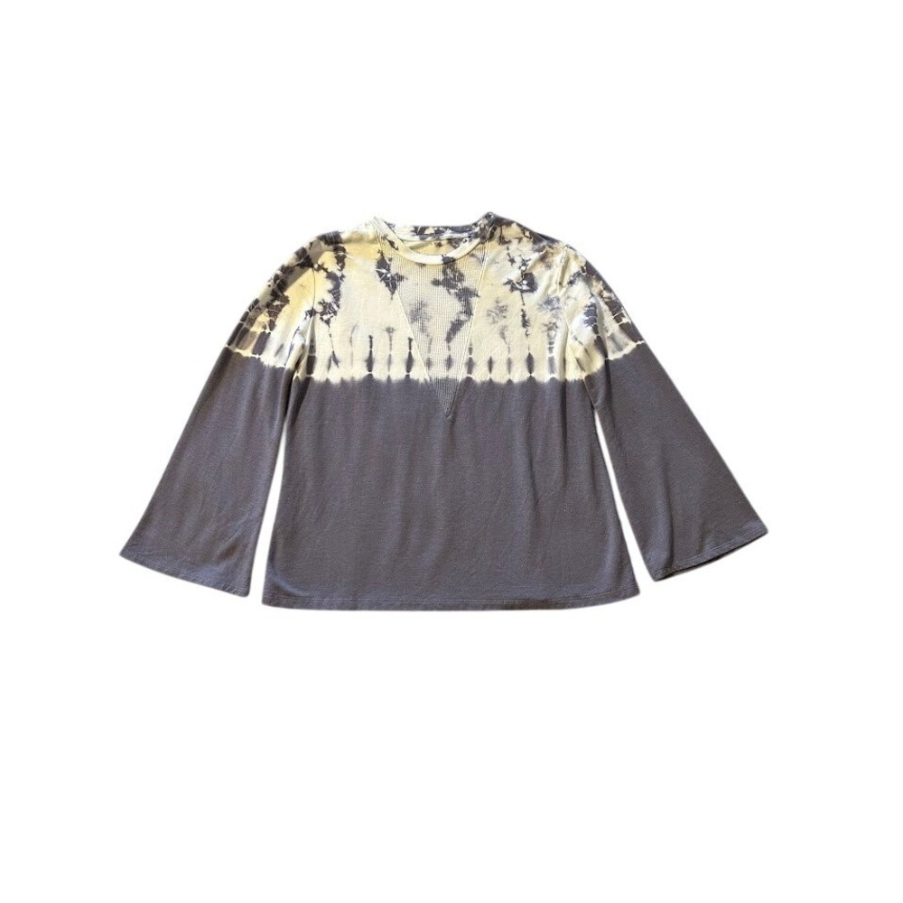 Halcyon Tie Dye Waffle Knit Long Sleeve Top‎ Shirt Women's Medium Gray White